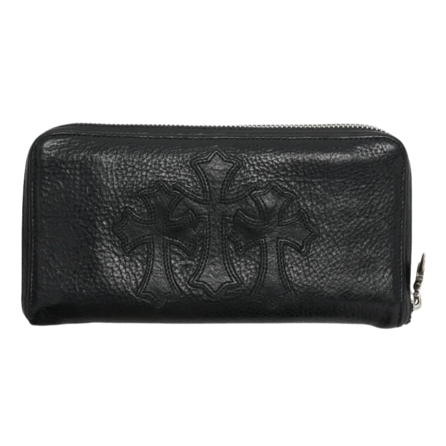 Chrome Hearts Leather Triple Cemetery Cross Patch Zip Clutch Wallet Black