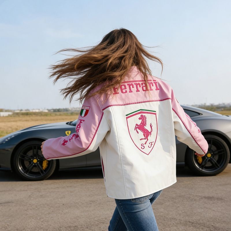 PINK FERRARI RACING JACKET – PREMIUM LEATHER MOTORSPORT STYLE