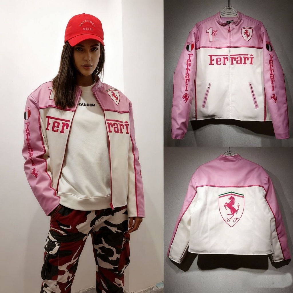 PINK FERRARI RACING JACKET – PREMIUM LEATHER MOTORSPORT STYLE