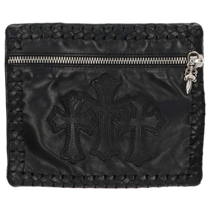Chrome Hearts Lambskin Triple Cemetery Cross Patch Zip Mini Pouch Black